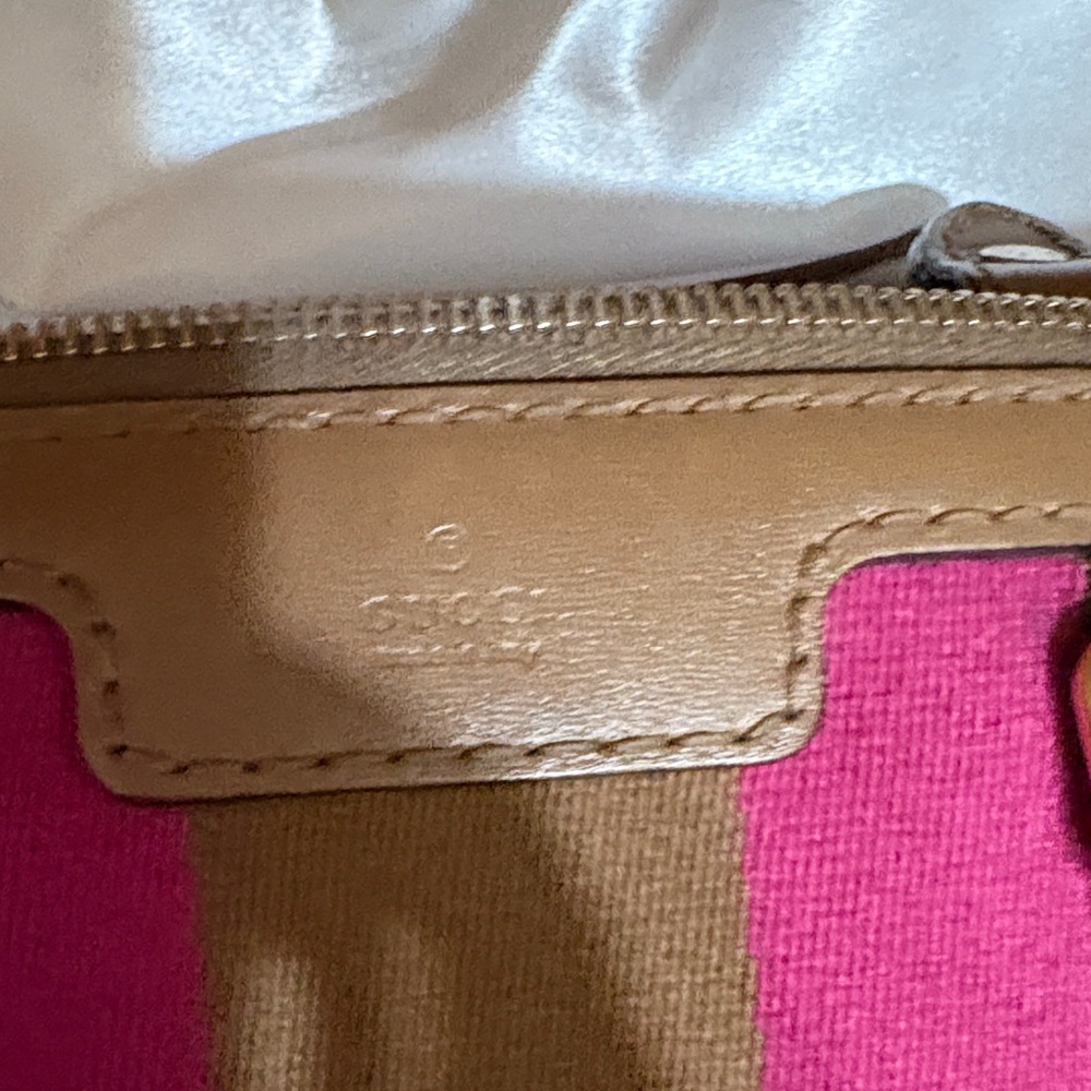 Gucci Beige GG Canvas Top-Handle Bag with Pink & Brown Stripe - Picture 3 of 17